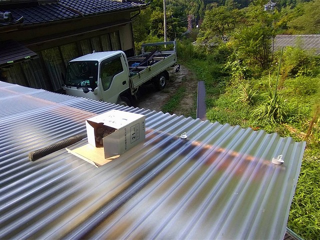 新しく張られたポリカ波板の上にビス箱が置かれた屋根の様子