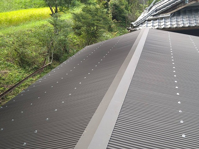 棟板金の設置まで完了したSGL鋼板波板屋根の全景