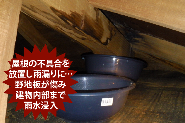 屋根の不具合を放置し雨漏りに・・・野地板が痛み建築内部まで雨水侵入