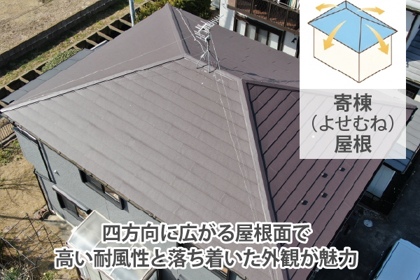 寄棟（よせむね）屋根は四方向に広がる屋根面で高い耐風性と落ち着いた外観が魅力